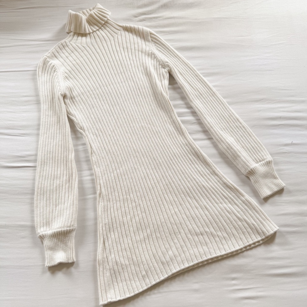 Tiger Mist Cream Ribbed Turtleneck Sweater Dress 064-D